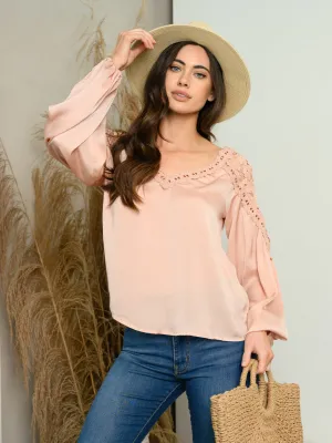 WOMEN'S LONG SLEEVE LACE TRIMMED TOP